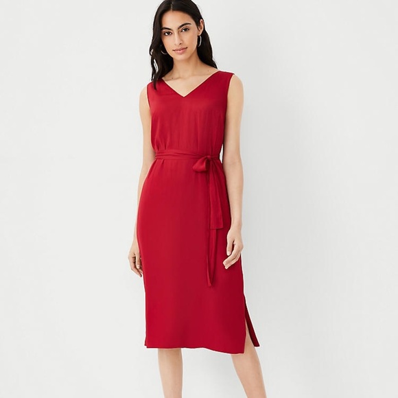 Ann Taylor new Petite V-Neck Tie Waist Midi Dress red size 6 petite - Picture 1 of 10
